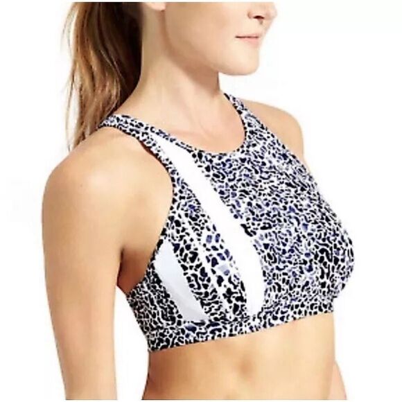 Athleta Zimbabwe Leopard Print High Neck Swim Top Black and White Size 38 B/C - Picture 1 of 7